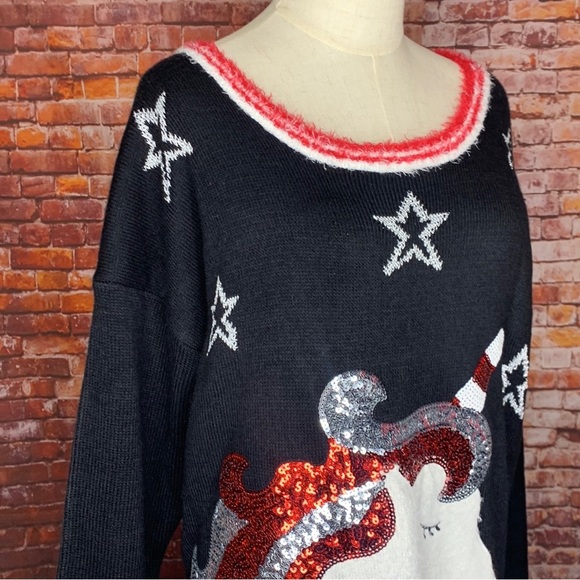33 Degrees Vintage Black Red and White Sequin Unicorn Sweater - Picture 4 of 10